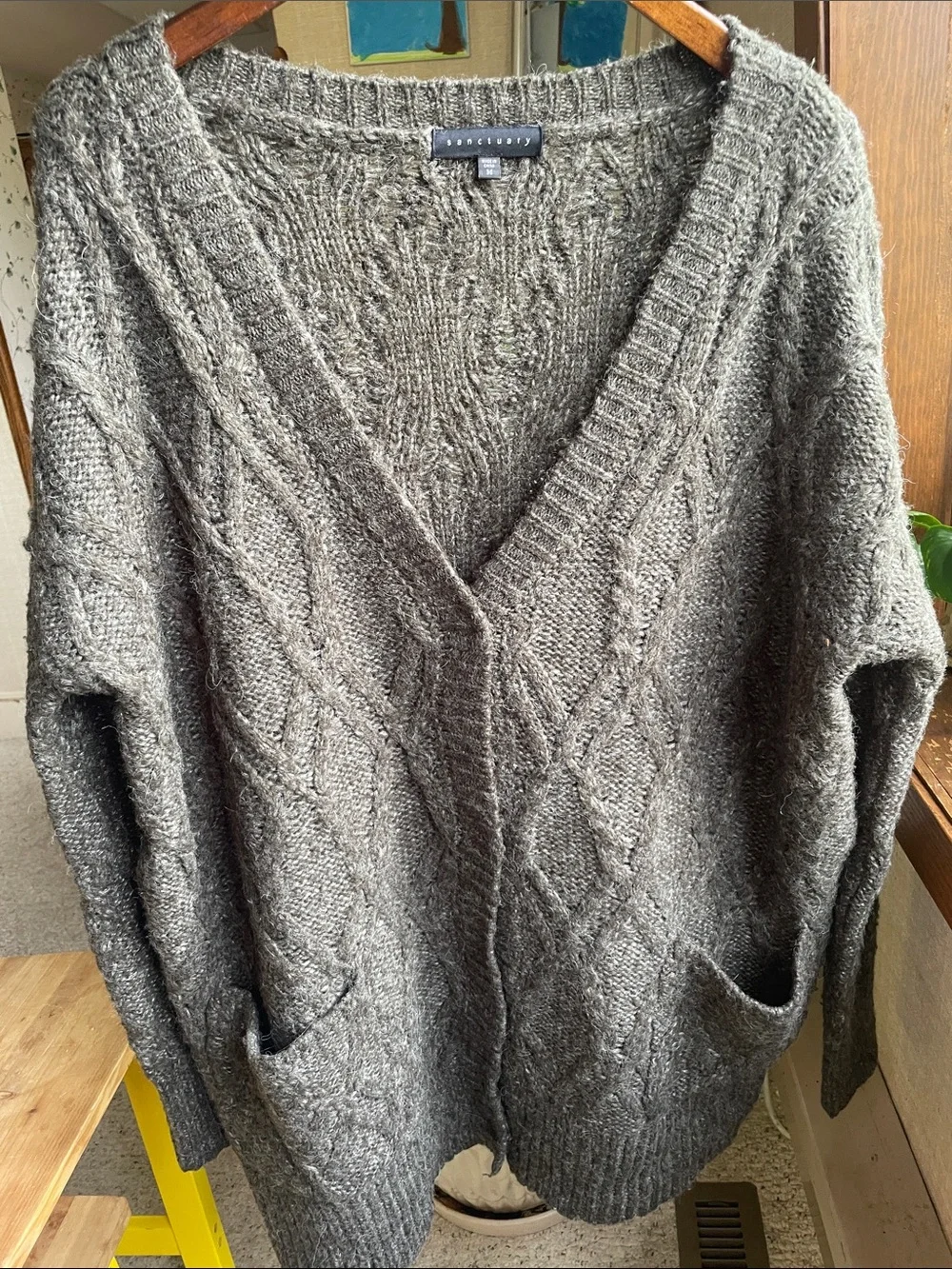 Sanctuary Dark Chunky Oversized Alpaca Wool Cable Knit OpenFront cardigan